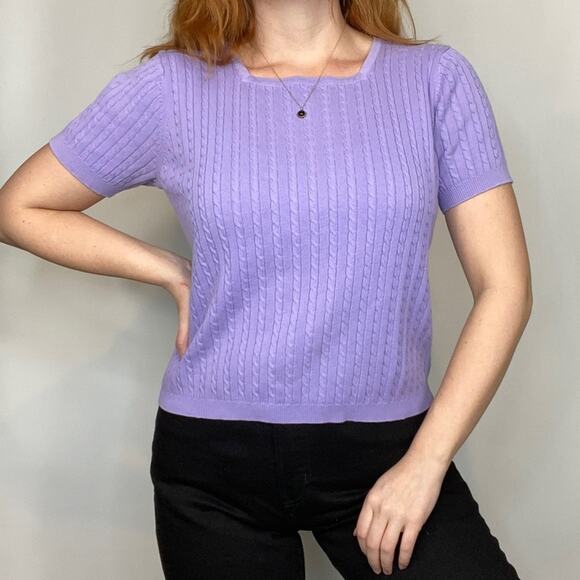 Vintage Medium Pastel Lilac Purple Square Neck Cable Knit Sweater Tee Shirt - Picture 7 of 11